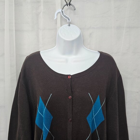 Vintage Maggie Barnes Brown Argyle Cardigan Knit Preppy Office Classic Cotton 1X - Picture 2 of 12